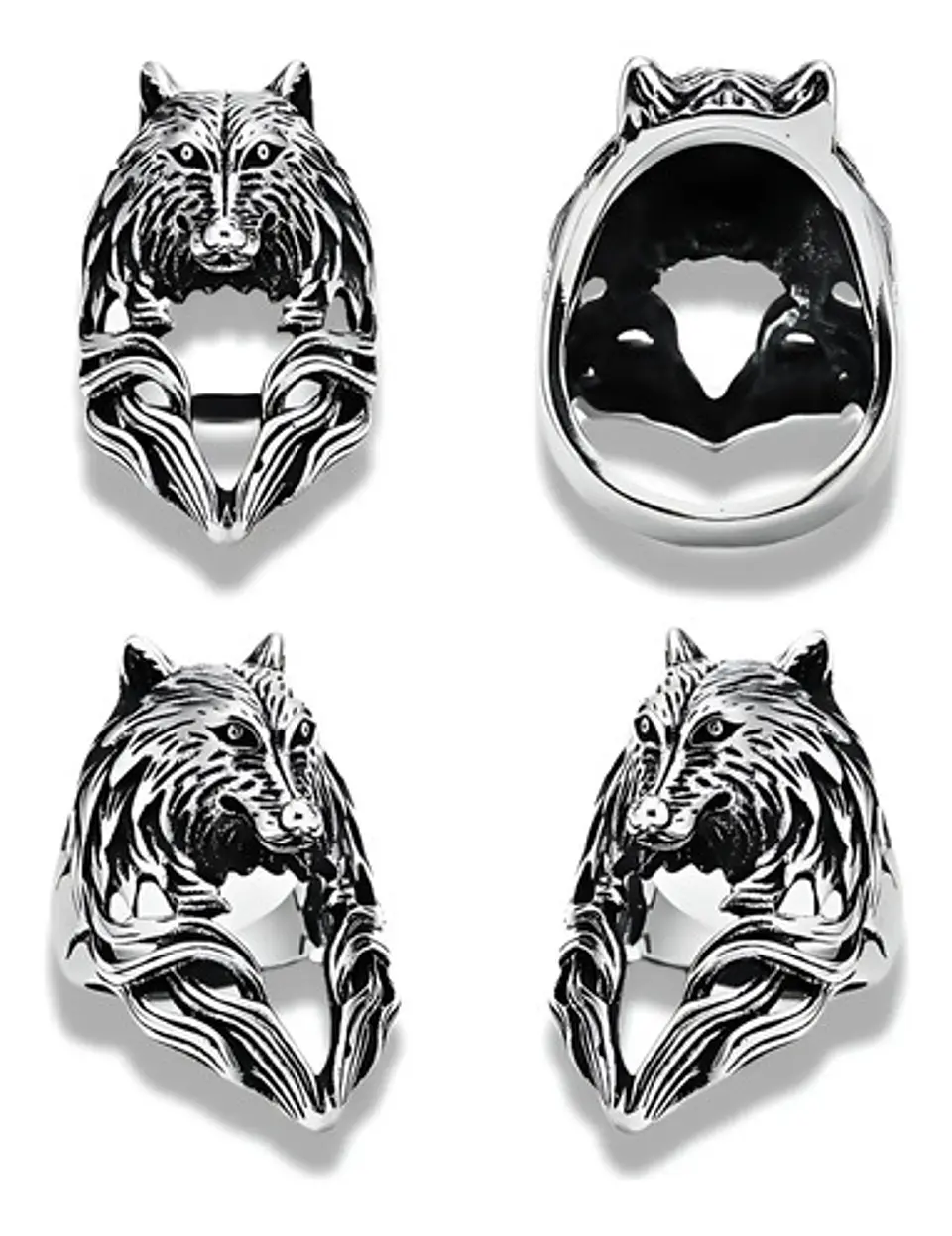 Anillo plateado Vikingo en Acero Para Hombre forma de Lobo 2