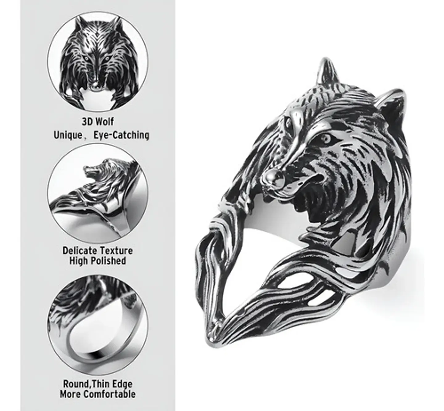 Anillo plateado Vikingo en Acero Para Hombre forma de Lobo 3