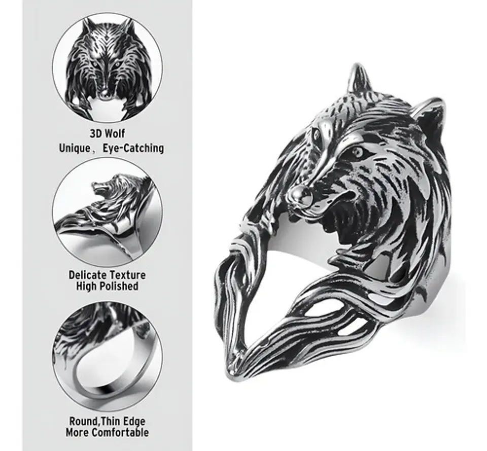 Anillo plateado Vikingo en Acero Para Hombre forma de Lobo 3