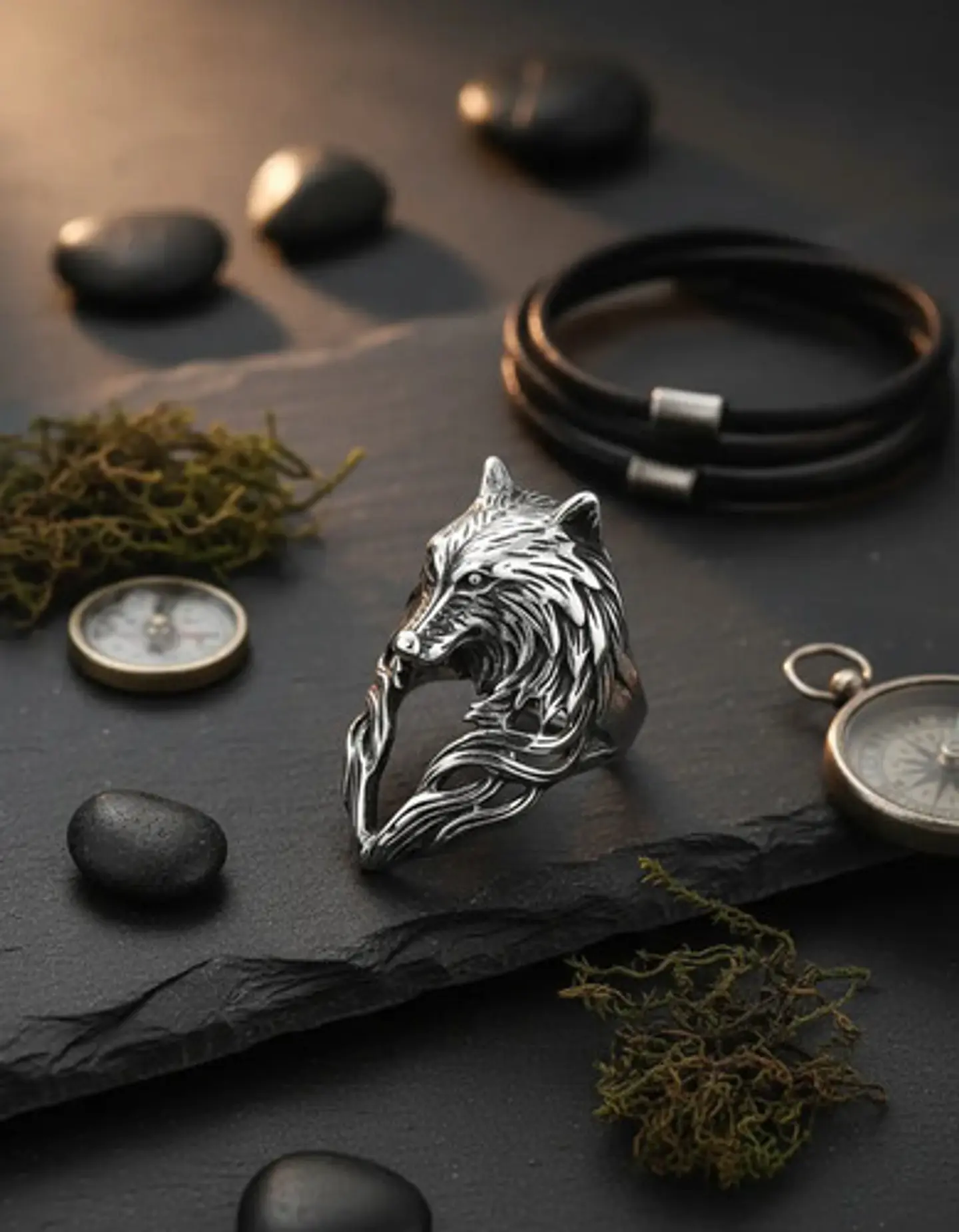 Anillo plateado Vikingo en Acero Para Hombre forma de Lobo 6