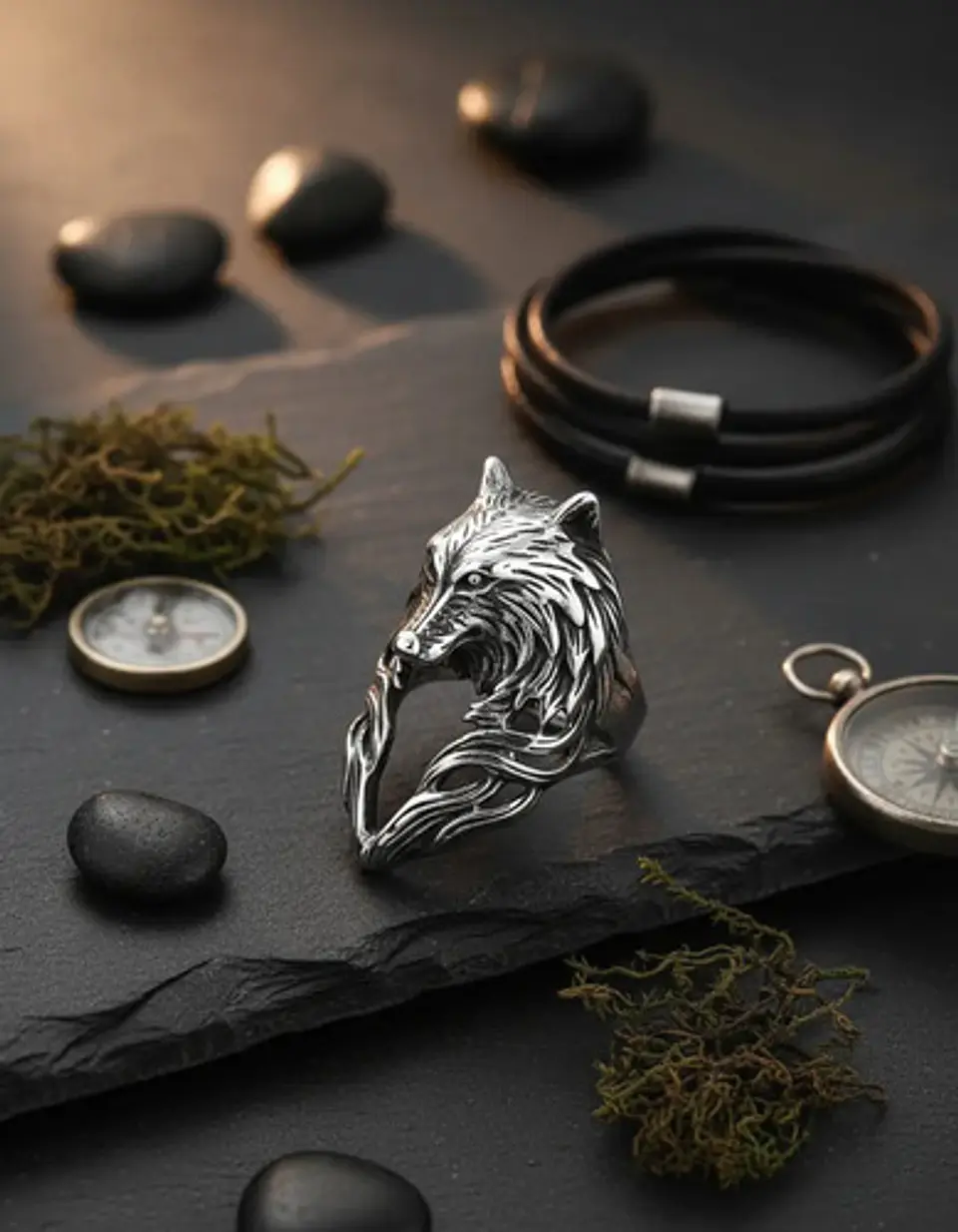 Anillo plateado Vikingo en Acero Para Hombre forma de Lobo 6