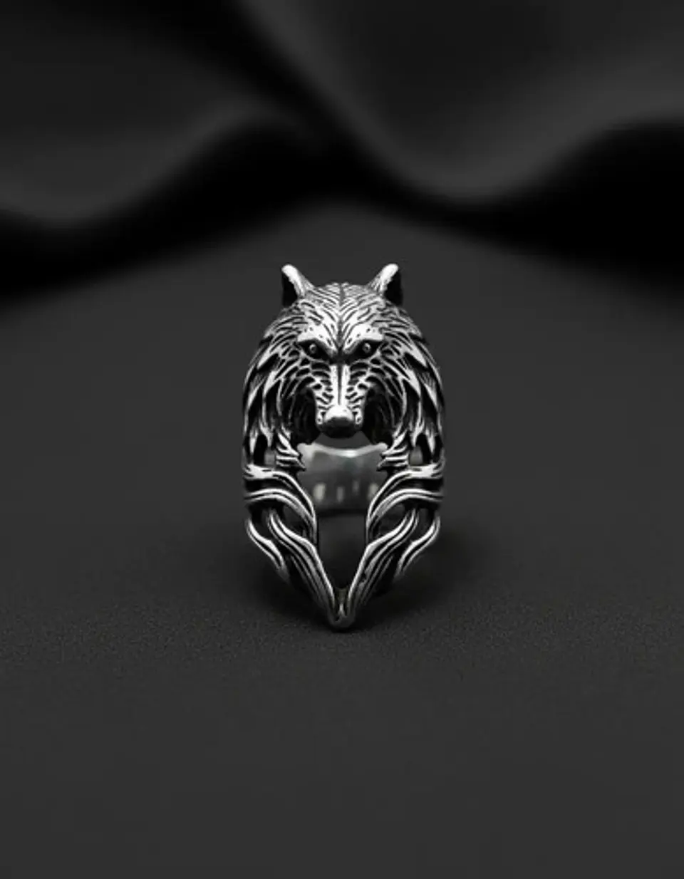 Anillo plateado Vikingo en Acero Para Hombre forma de Lobo 7