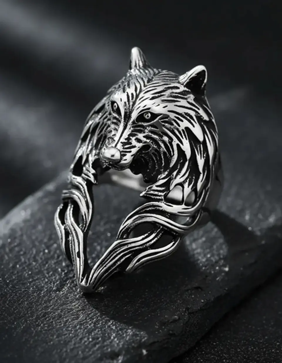 Anillo plateado Vikingo en Acero Para Hombre forma de Lobo 8