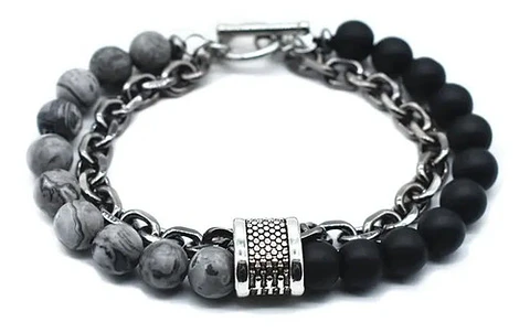 Pulsera Piedras Naturales Color Plat Acero Inoxidable Hombre
