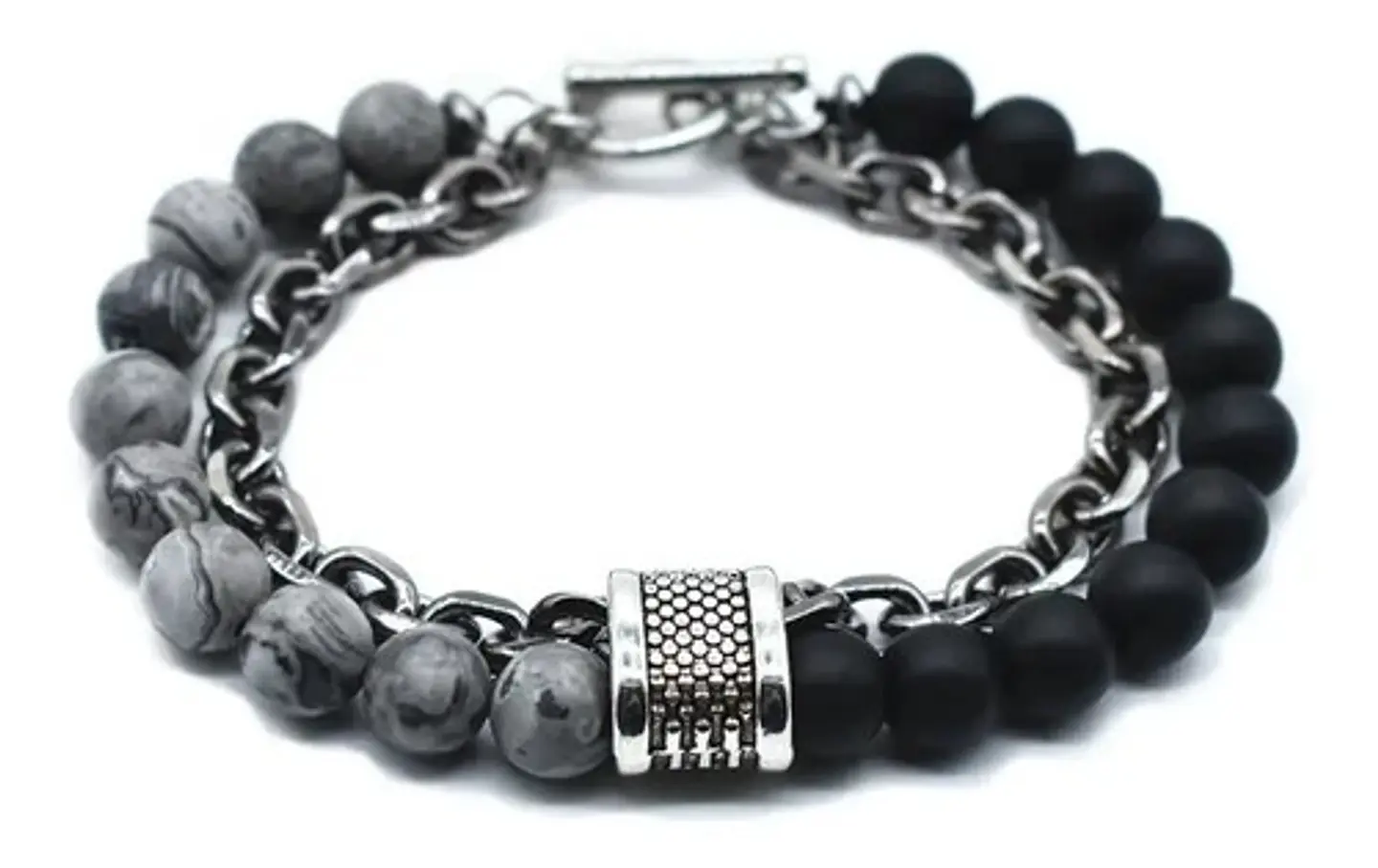 Pulsera Piedras Naturales Color Plat Acero Inoxidable Hombre 1