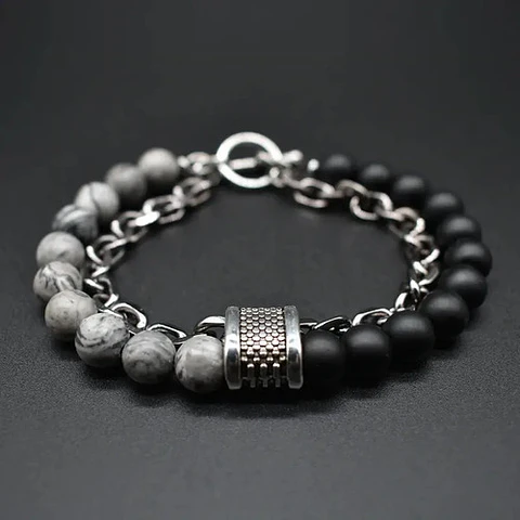 Pulsera Piedras Naturales Color Plat Acero Inoxidable Hombre