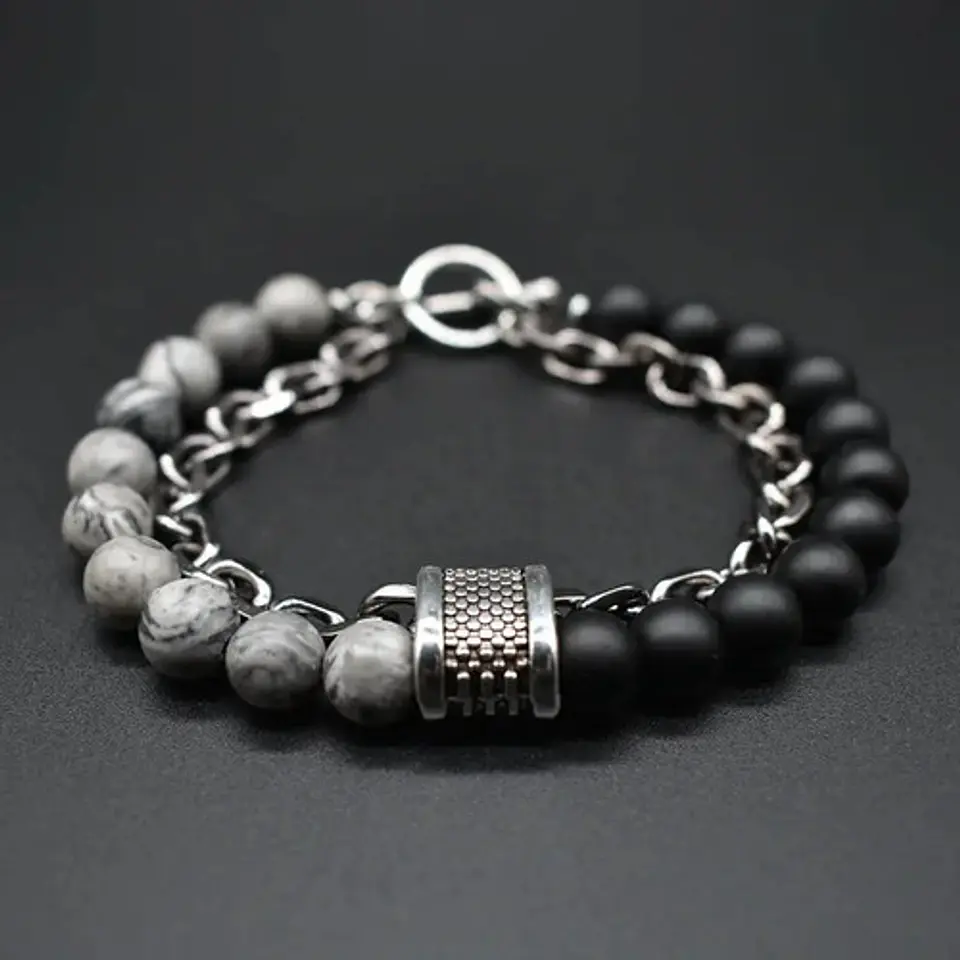 Pulsera Piedras Naturales Color Plat Acero Inoxidable Hombre 2