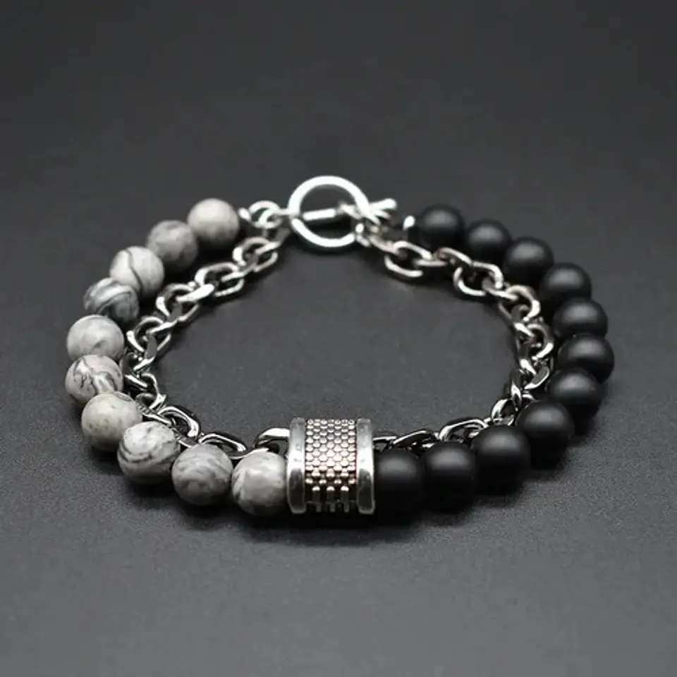 Pulsera Piedras Naturales Color Plat Acero Inoxidable Hombre 4