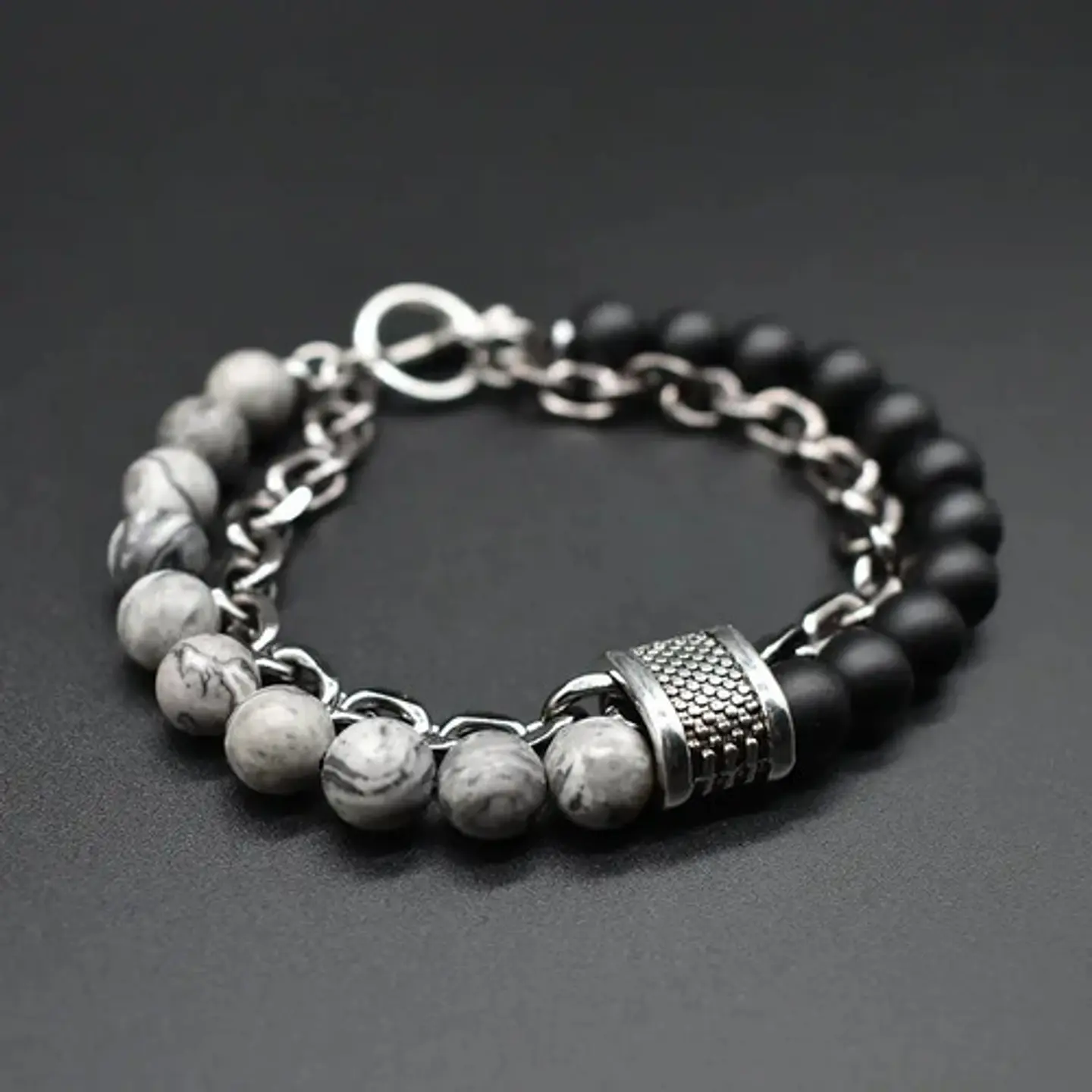 Pulsera Piedras Naturales Color Plat Acero Inoxidable Hombre 5