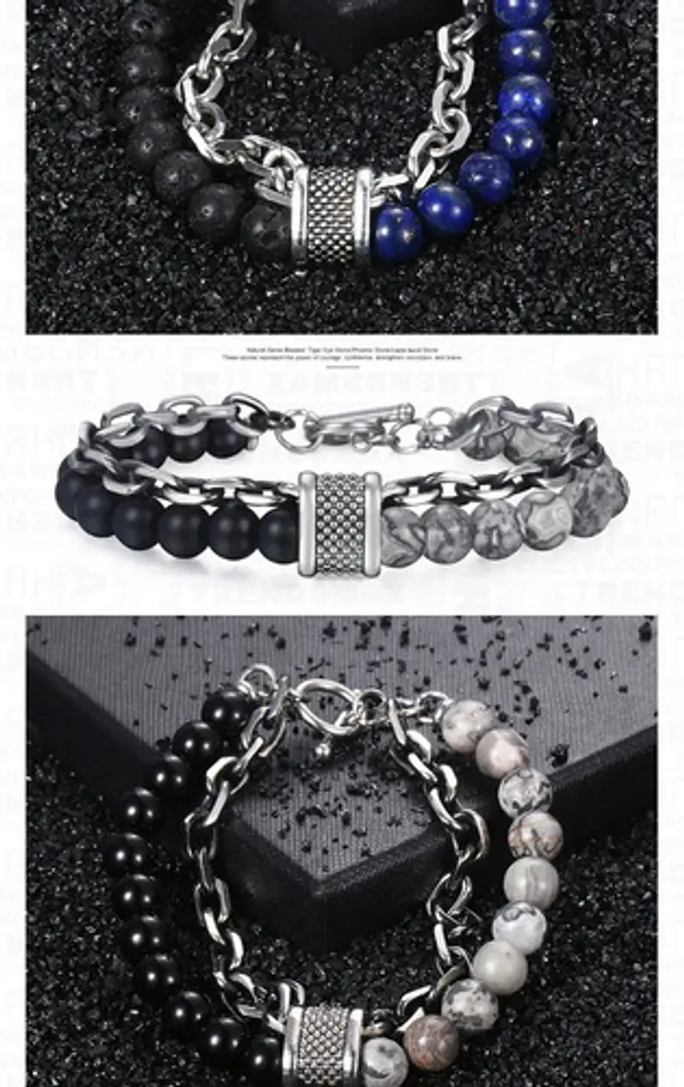 Pulsera Piedras Naturales Color Plat Acero Inoxidable Hombre 9