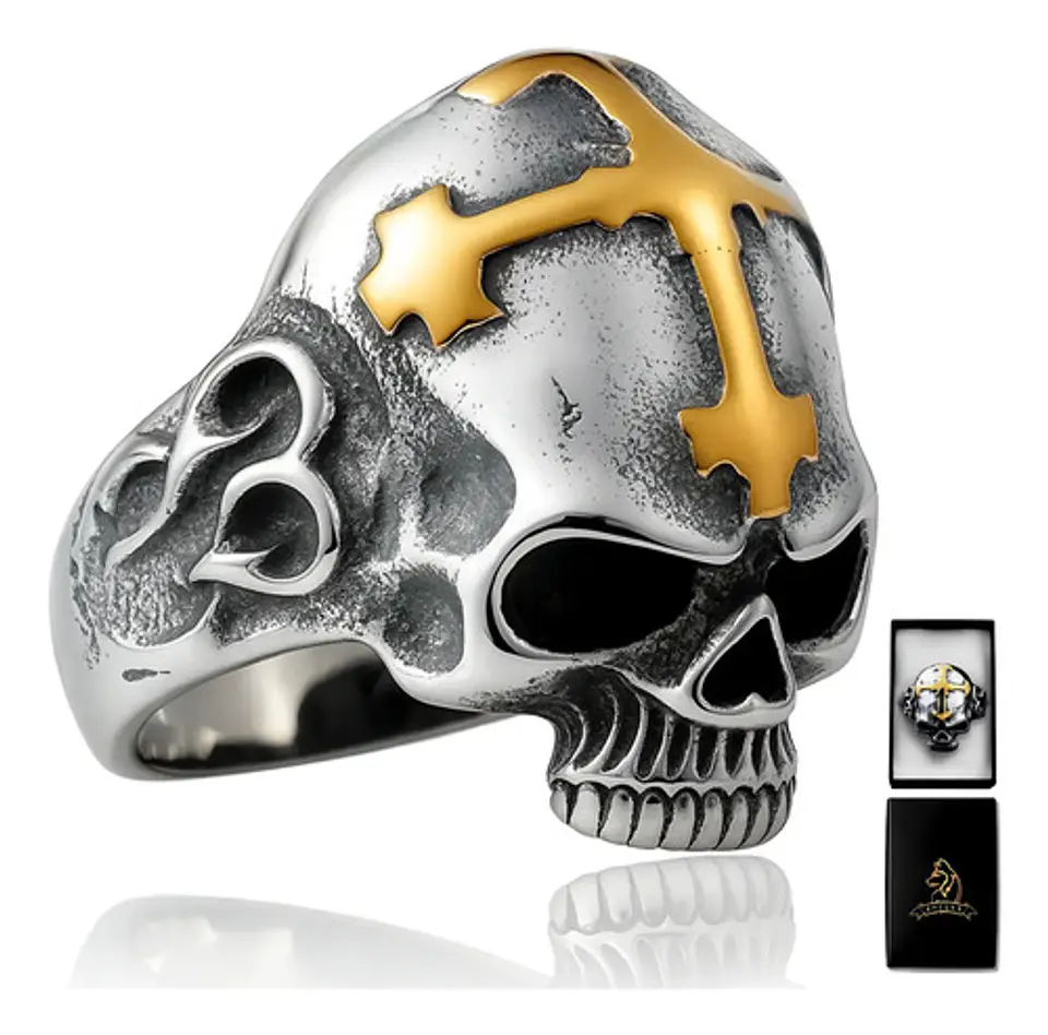 Anillo gotico en Acero Para Hombre y mujer forma de Cráneo Cruz Calavera 1