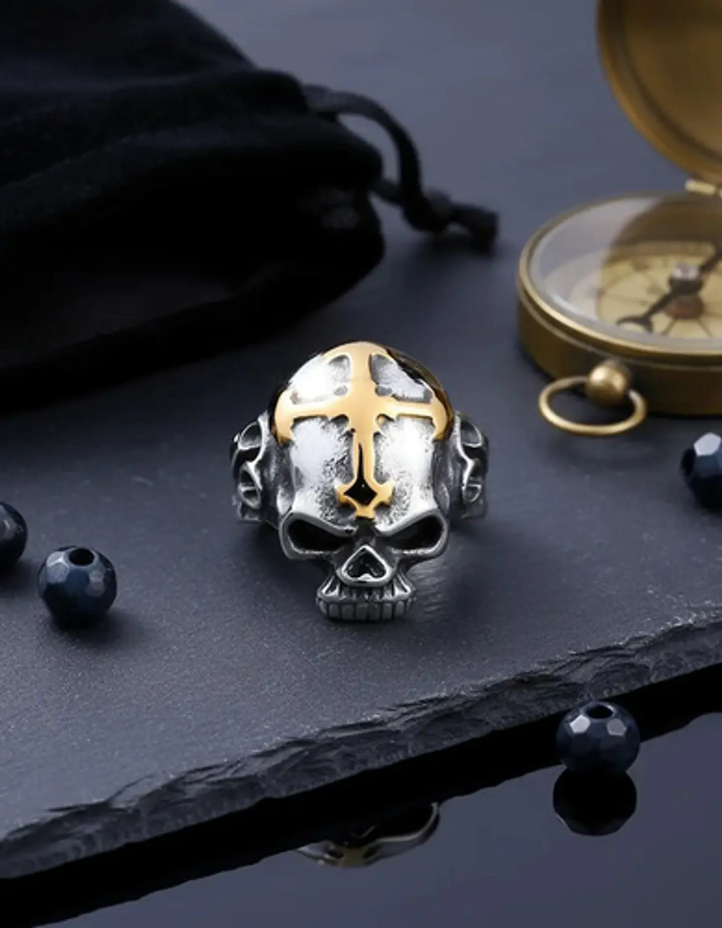Anillo gotico en Acero Para Hombre y mujer forma de Cráneo Cruz Calavera 5