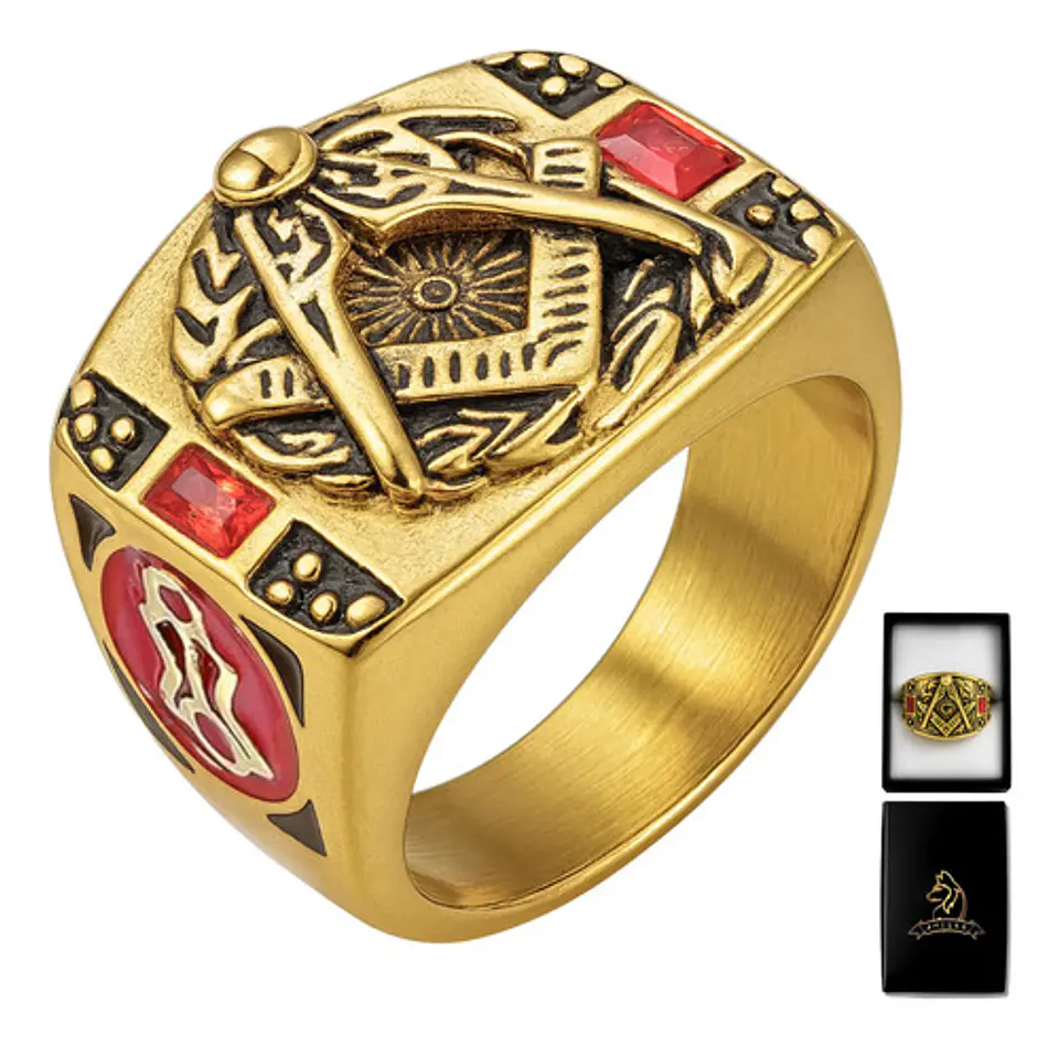 Anillo Mason Para Hombres en Acero Vintage Símbolo escuadra piedra 1