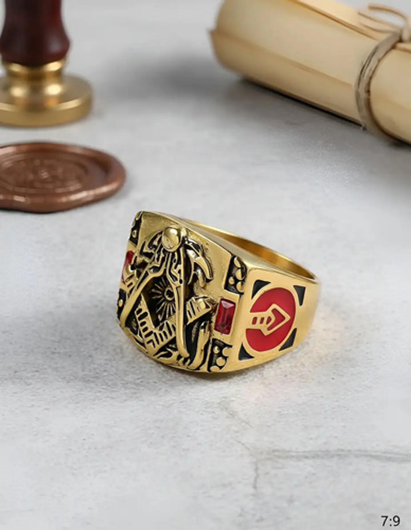 Anillo Mason Para Hombres en Acero Vintage Símbolo escuadra piedra 7