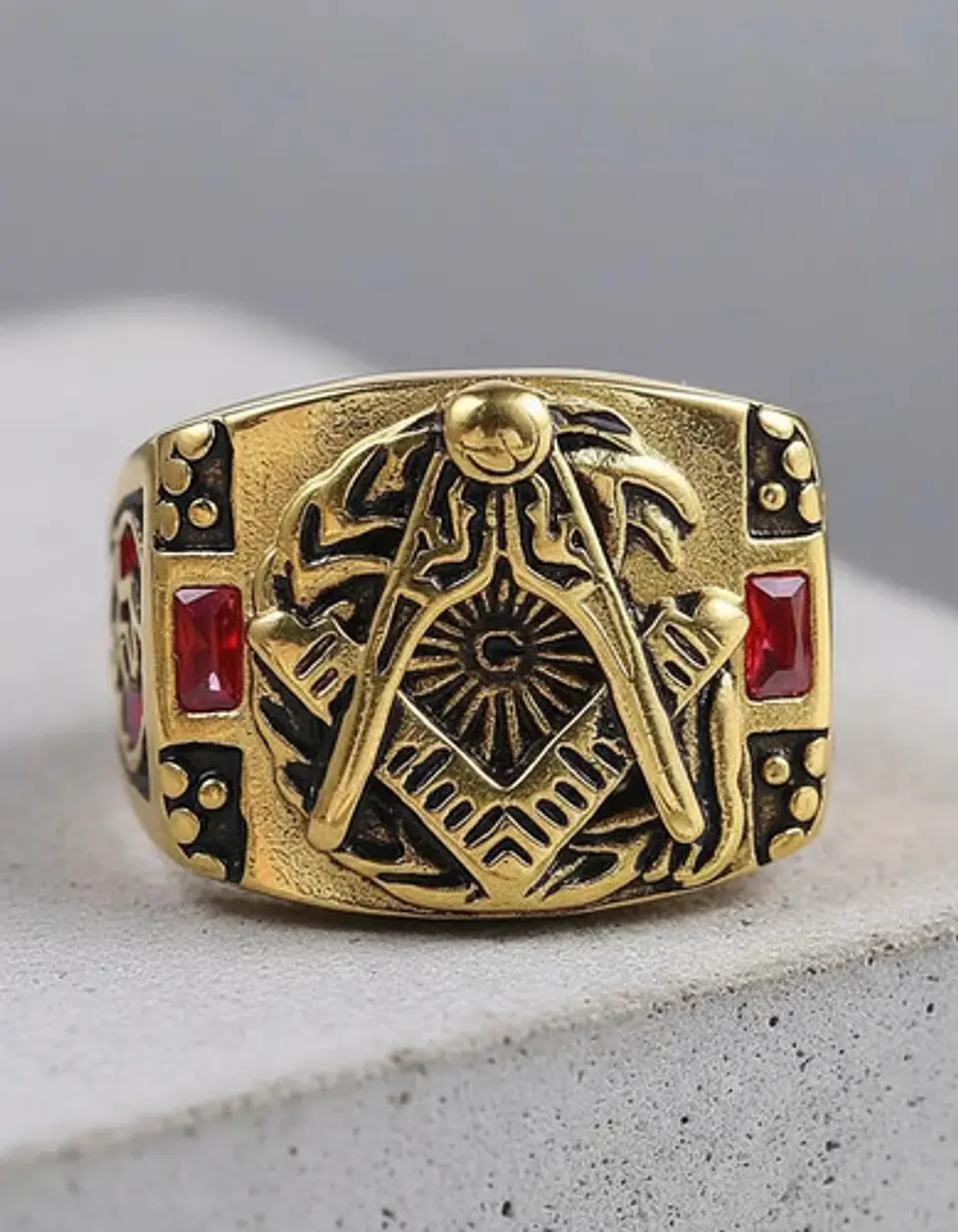 Anillo Mason Para Hombres en Acero Vintage Símbolo escuadra piedra 8