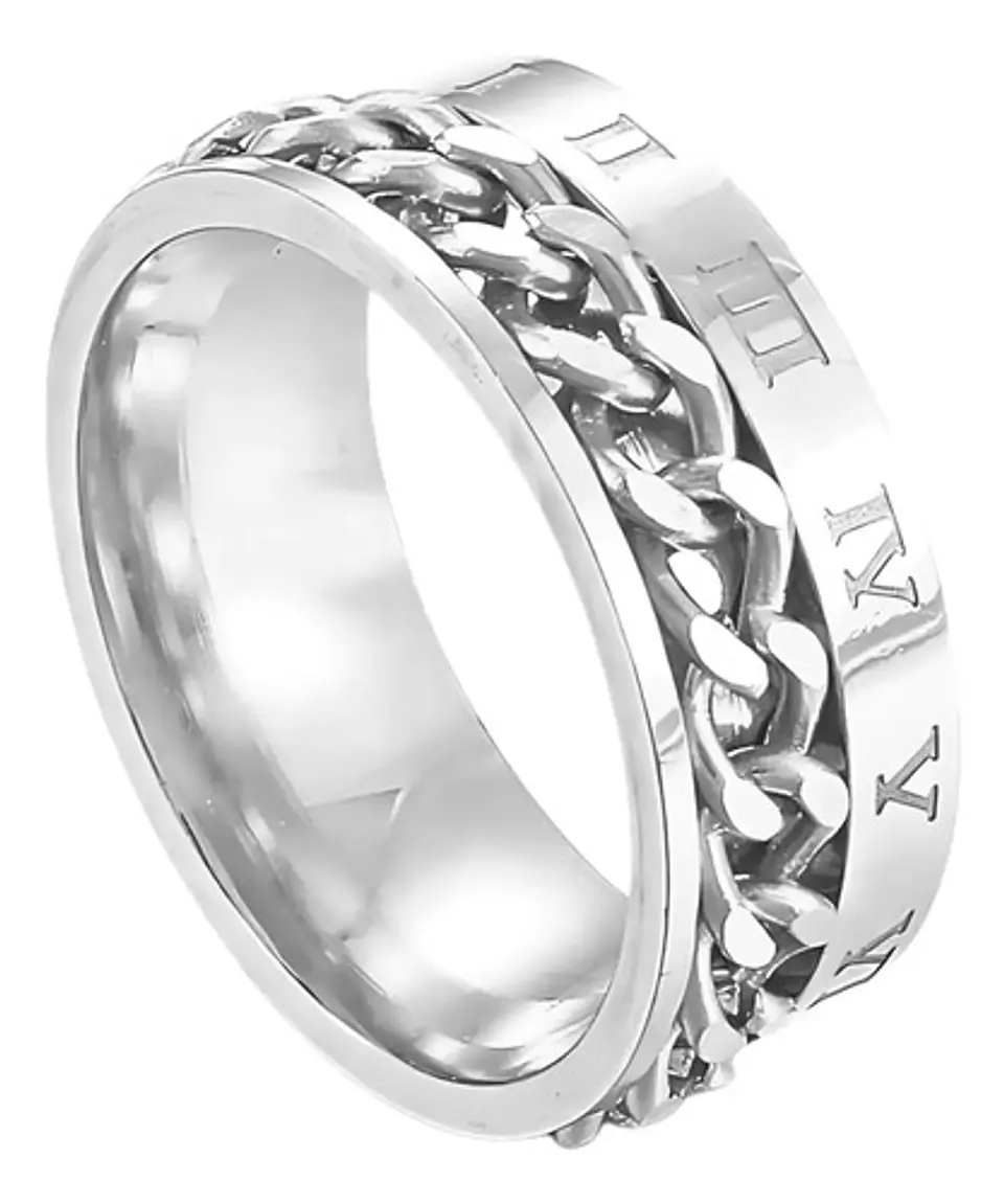 Anillo en Acero moderno/clásico para hombre con cadena y números romanos 10