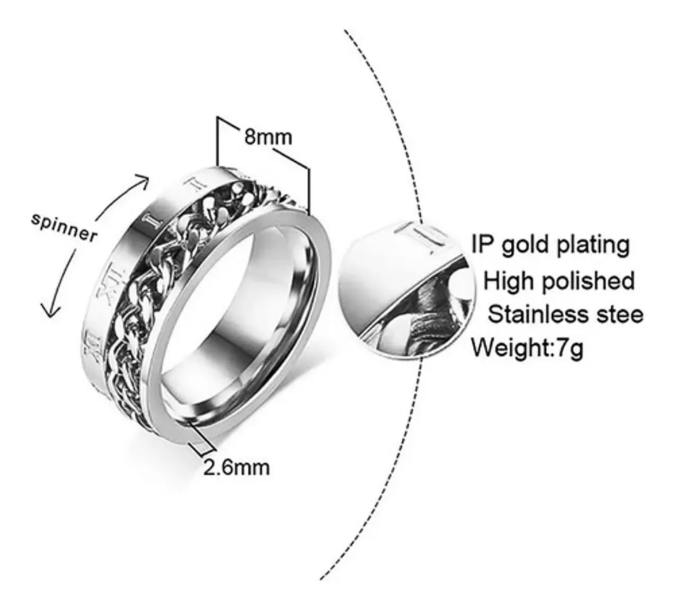 Anillo en Acero moderno/clásico para hombre con cadena y números romanos 11