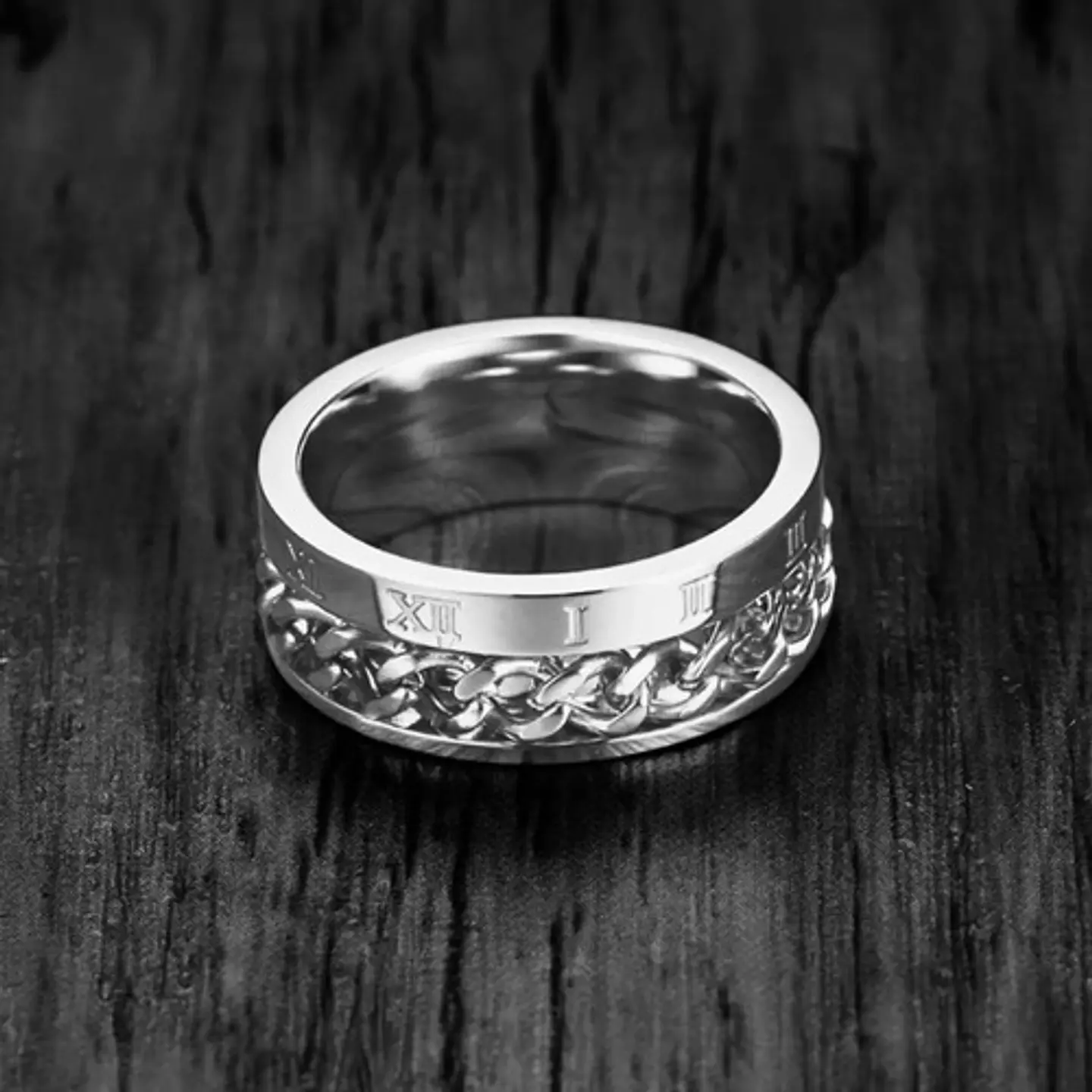 Anillo en Acero moderno/clásico para hombre con cadena y números romanos 12