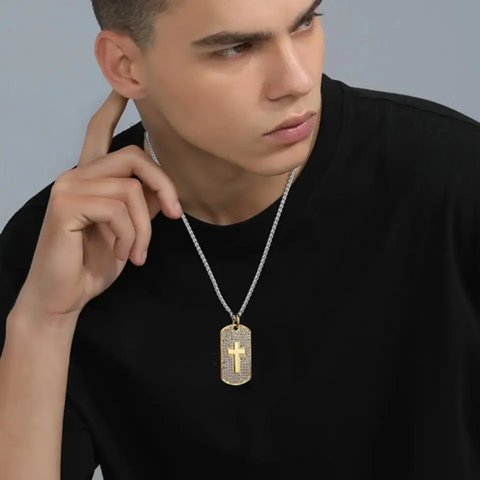 Collar en Acero para hombre dije tag Placa cruz incrustaciones de Cz Militar  4