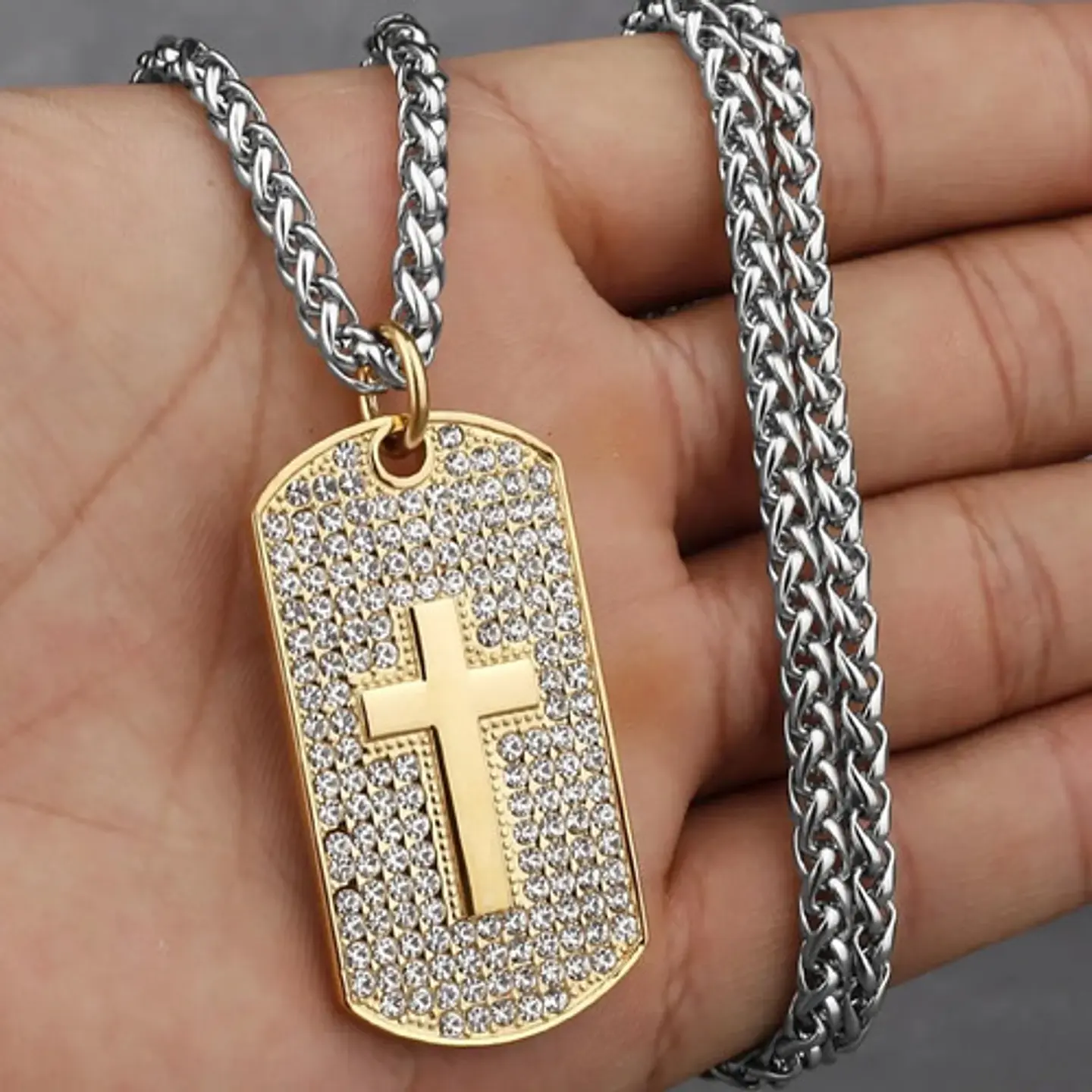 Collar en Acero para hombre dije tag Placa cruz incrustaciones de Cz Militar  6
