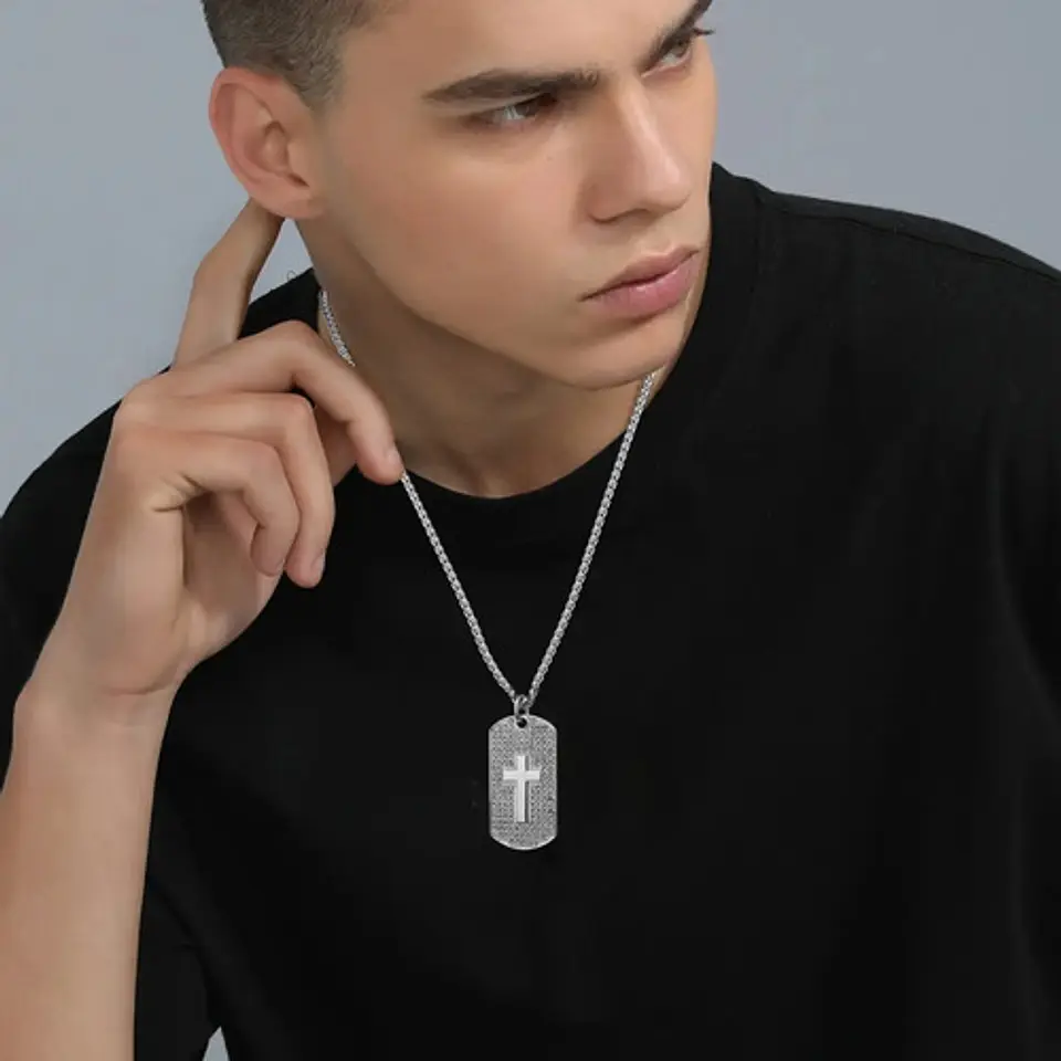 Collar en Acero para hombre dije tag Placa cruz incrustaciones de Cz Militar  11