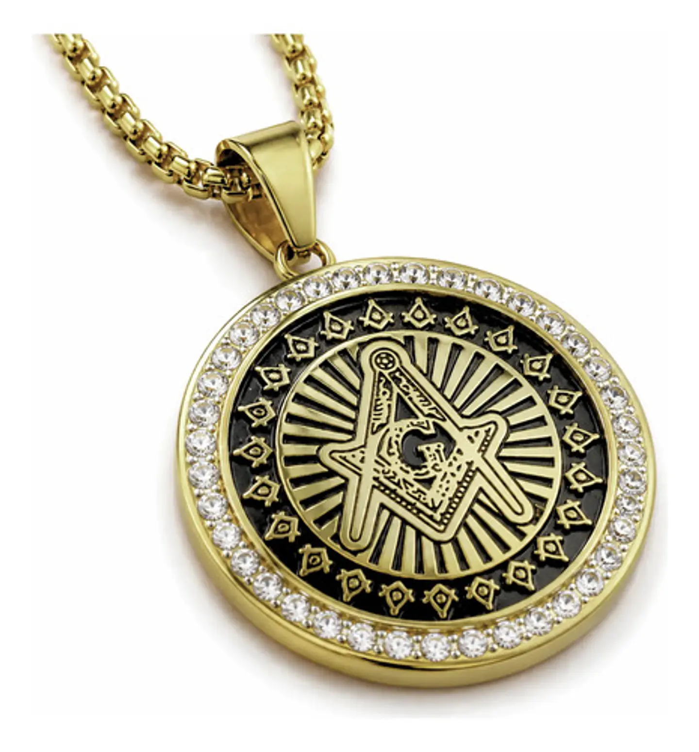 Dije Masónico en acero para hombre dije Circular escuadra con incrustaciones de piedras Cz 1