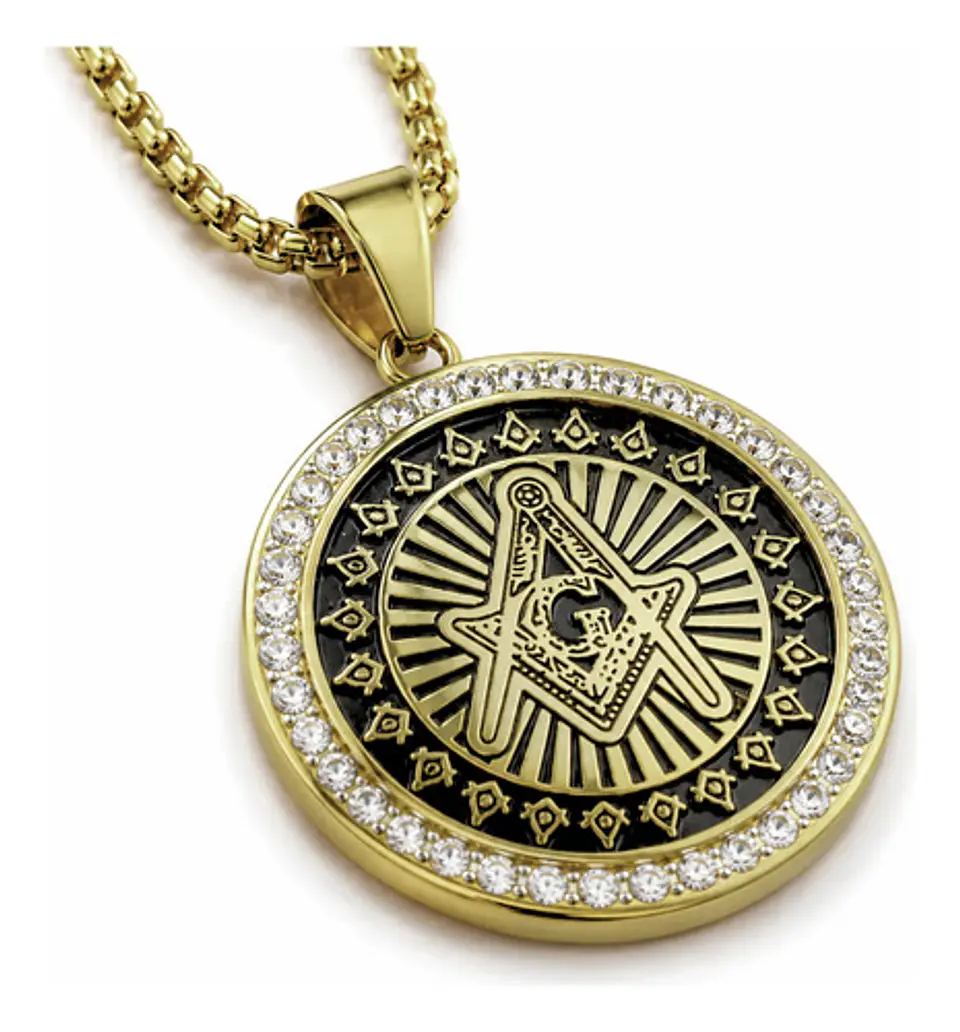Dije Masónico en acero para hombre dije Circular escuadra con incrustaciones de piedras Cz 1