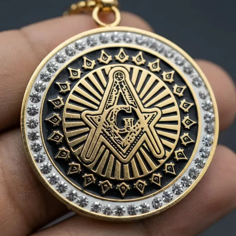 Dije Masónico en acero para hombre dije Circular escuadra con incrustaciones de piedras Cz 3