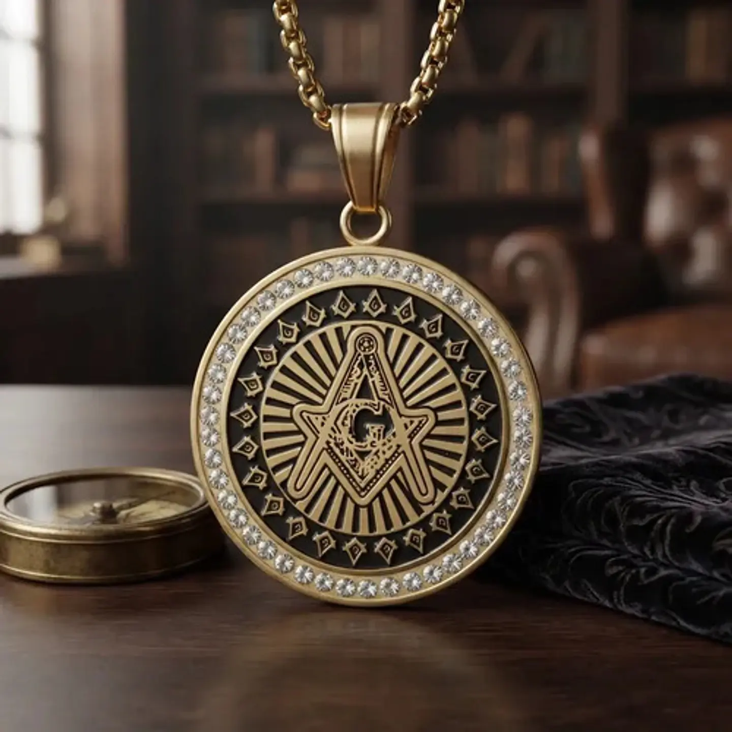 Dije Masónico en acero para hombre dije Circular escuadra con incrustaciones de piedras Cz 5