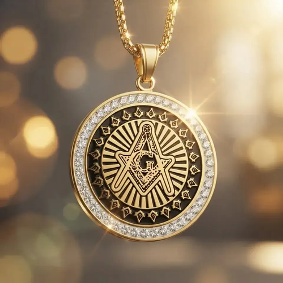 Dije Masónico en acero para hombre dije Circular escuadra con incrustaciones de piedras Cz 7