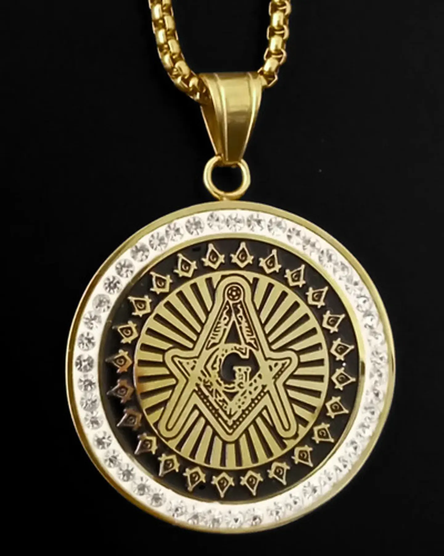 Dije Masónico en acero para hombre dije Circular escuadra con incrustaciones de piedras Cz 9