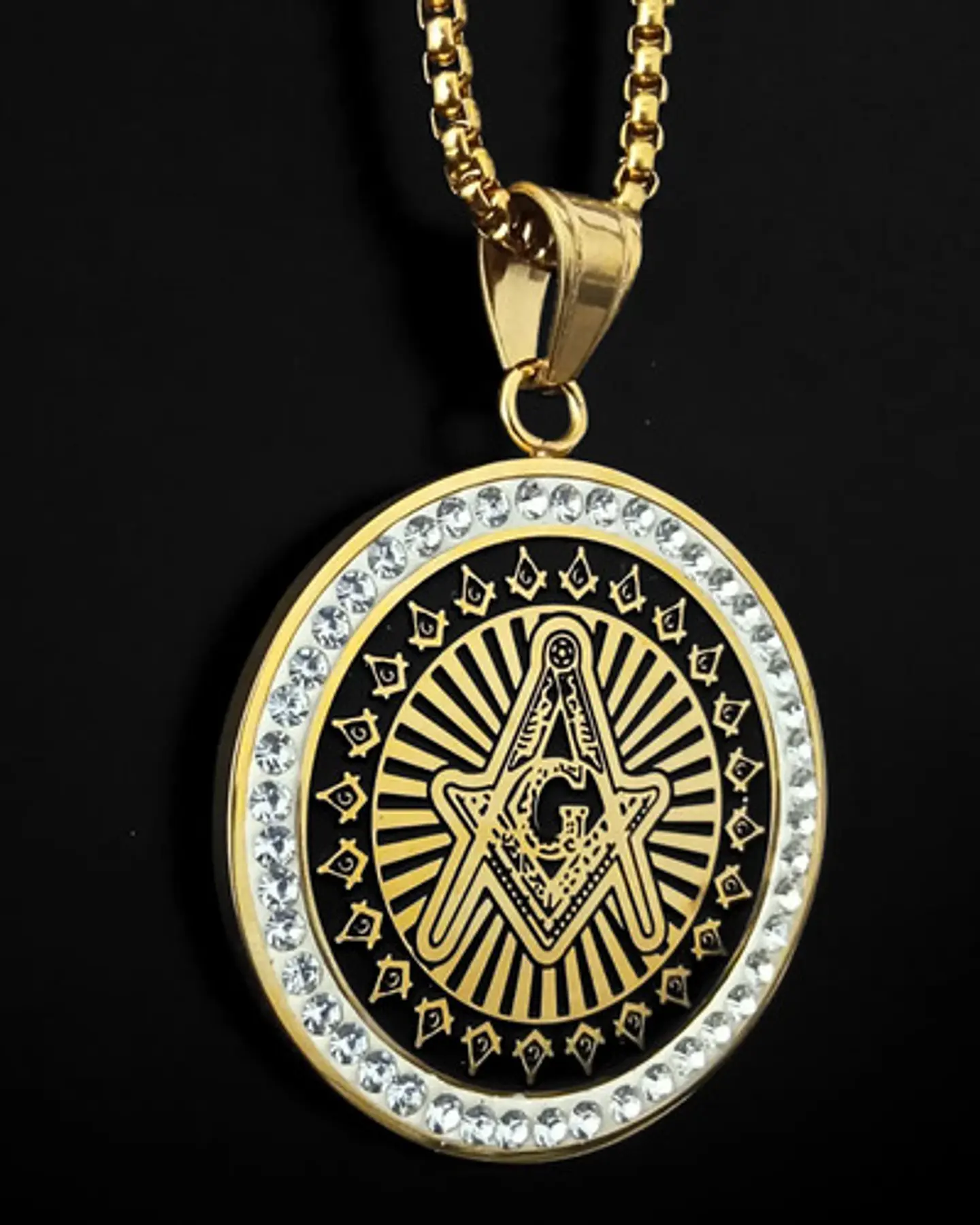 Dije Masónico en acero para hombre dije Circular escuadra con incrustaciones de piedras Cz 10