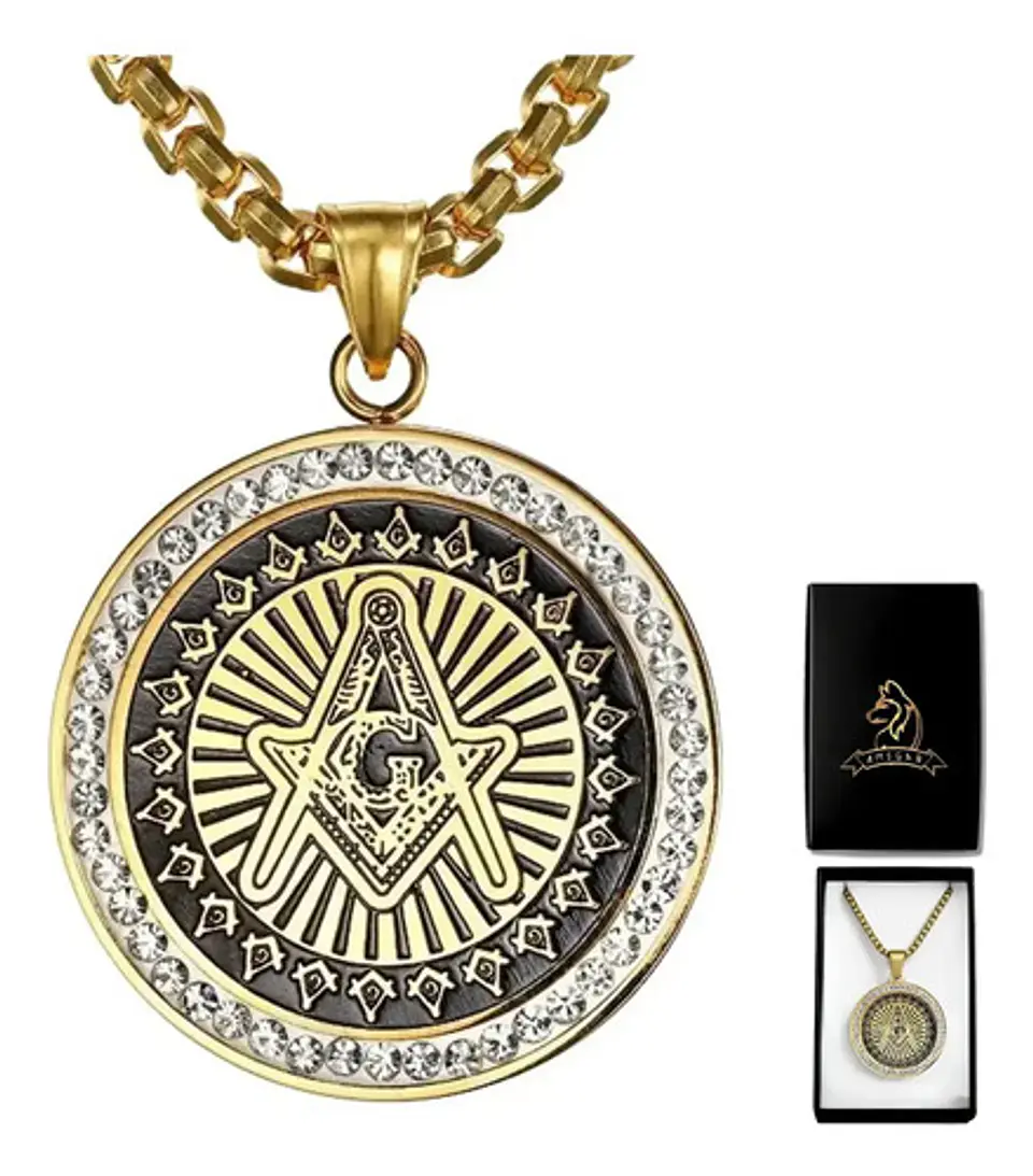 Dije Masónico en acero para hombre dije Circular escuadra con incrustaciones de piedras Cz 12