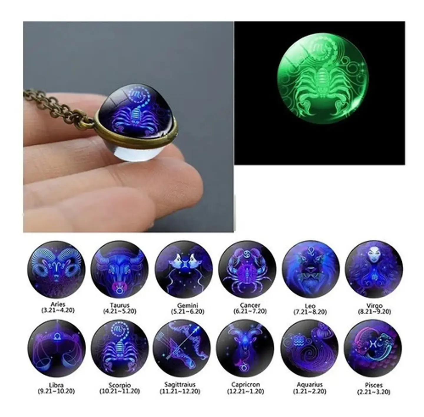 Collar para Hombre Y Mujer Dije Esfera Cristal Signos Zodiacales 5