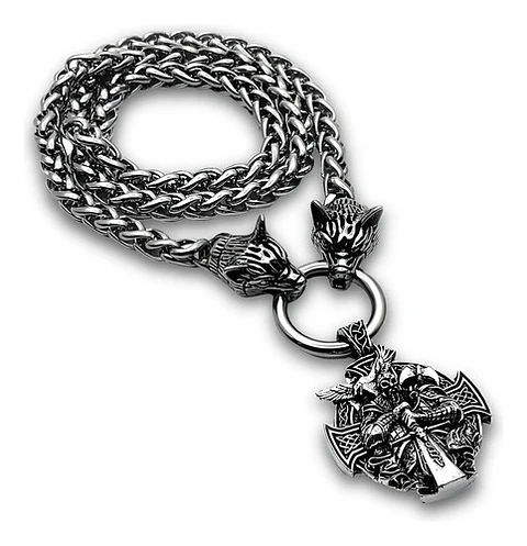 Collar Acero Inoxidable Color Plata Vikingo Lobo Odin Hombre