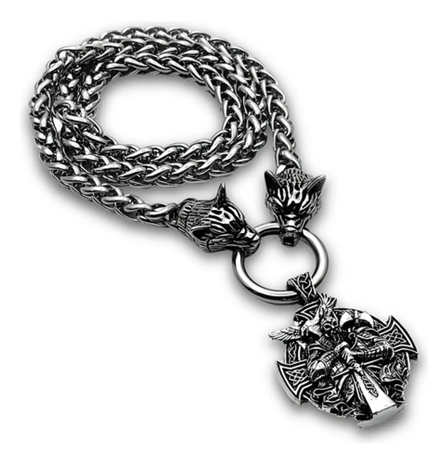 Collar Acero Inoxidable Color Plata Vikingo Lobo Odin Hombre 2