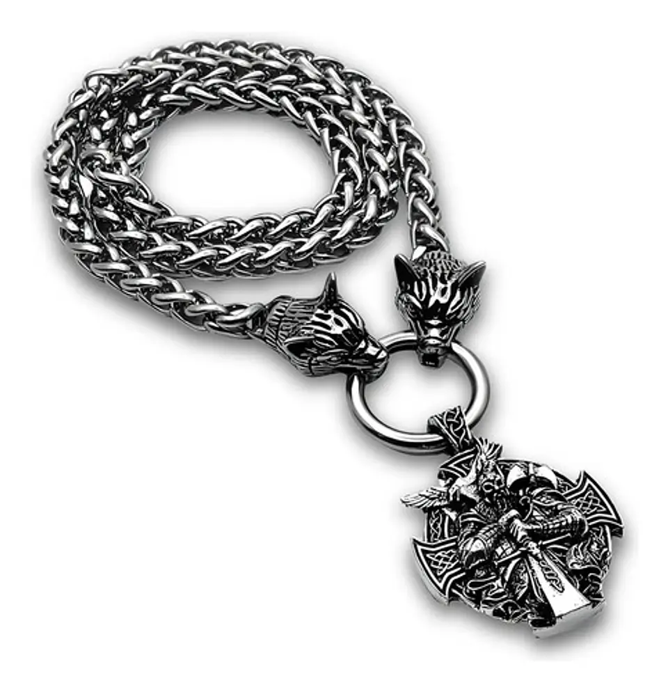 Collar Acero Inoxidable Color Plata Vikingo Lobo Odin Hombre 2