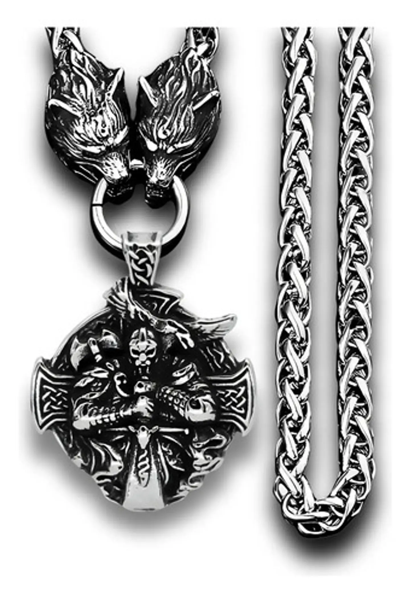 Collar Acero Inoxidable Color Plata Vikingo Lobo Odin Hombre 3