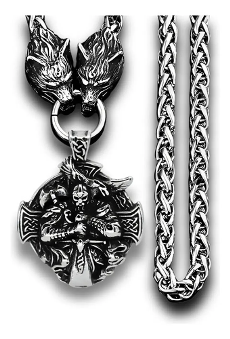 Collar Acero Inoxidable Color Plata Vikingo Lobo Odin Hombre 3