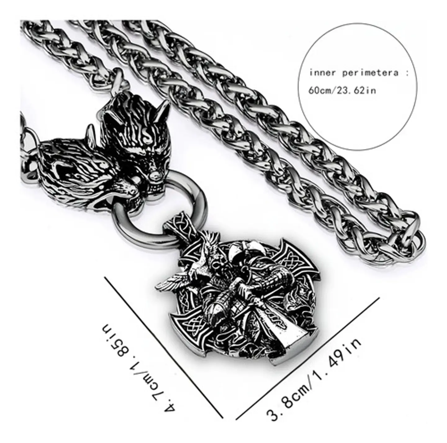 Collar Acero Inoxidable Color Plata Vikingo Lobo Odin Hombre 4
