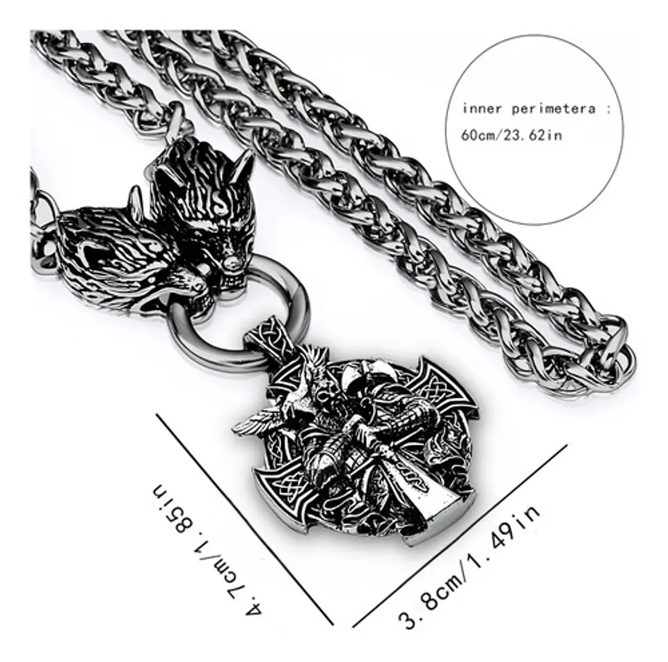 Collar Acero Inoxidable Color Plata Vikingo Lobo Odin Hombre 4