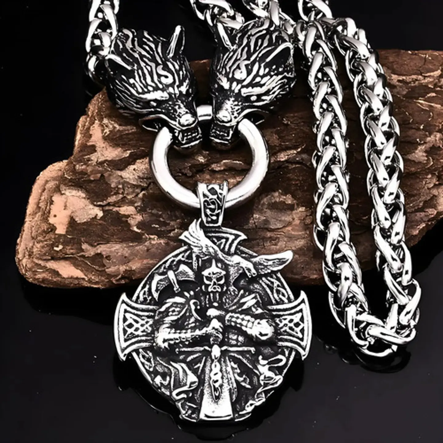 Collar Acero Inoxidable Color Plata Vikingo Lobo Odin Hombre 5