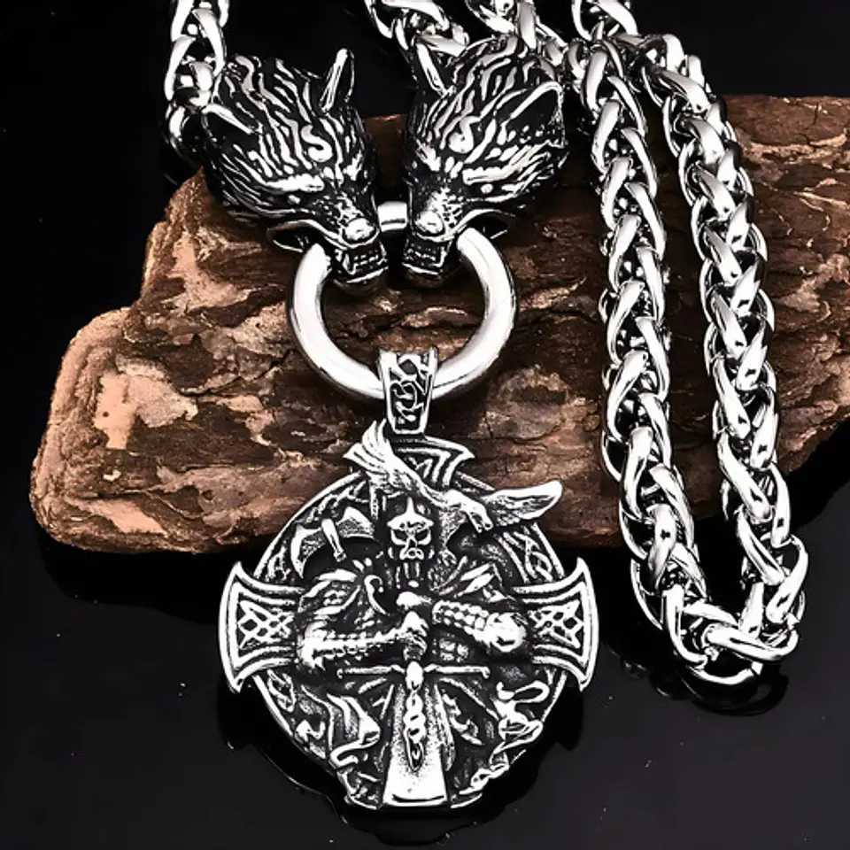 Collar Acero Inoxidable Color Plata Vikingo Lobo Odin Hombre 5