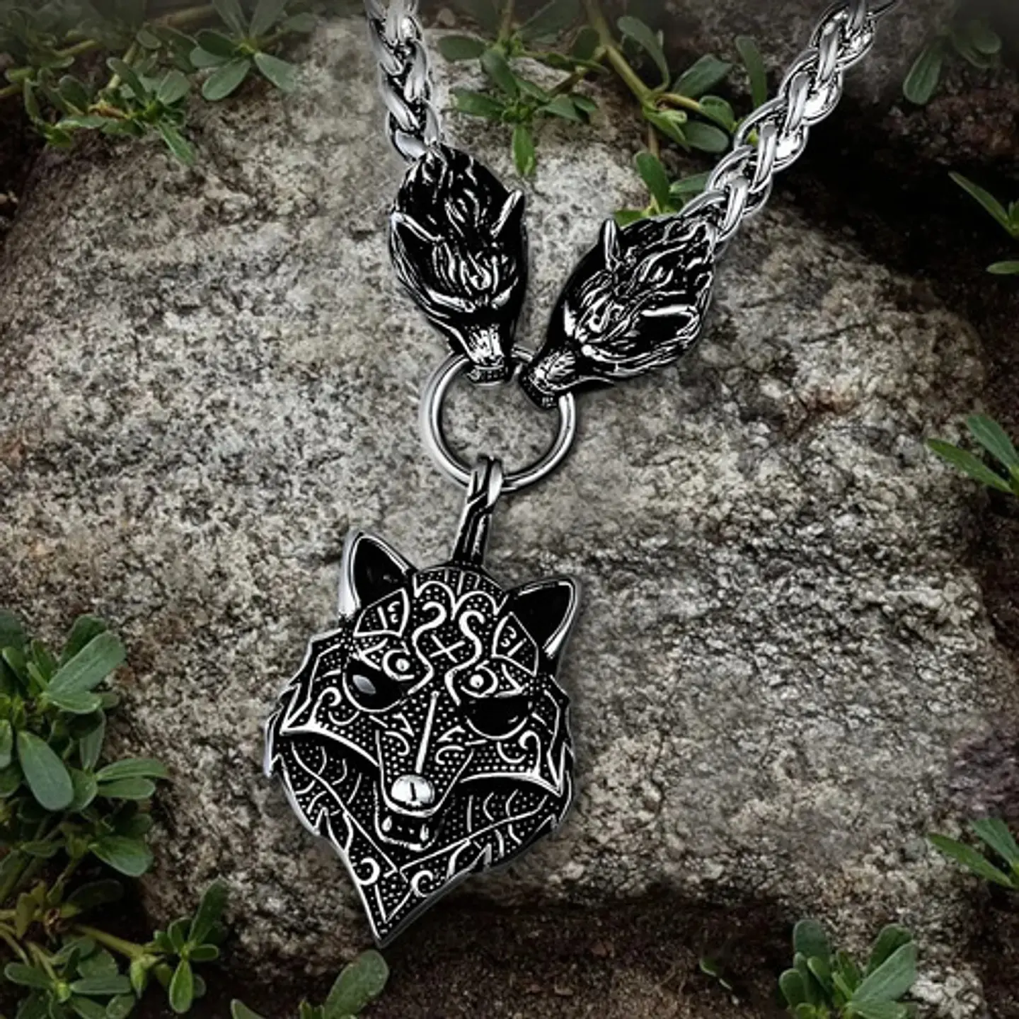 Collar Acero Inoxidable Color Plata Vikingo Lobo Odin Hombre 13