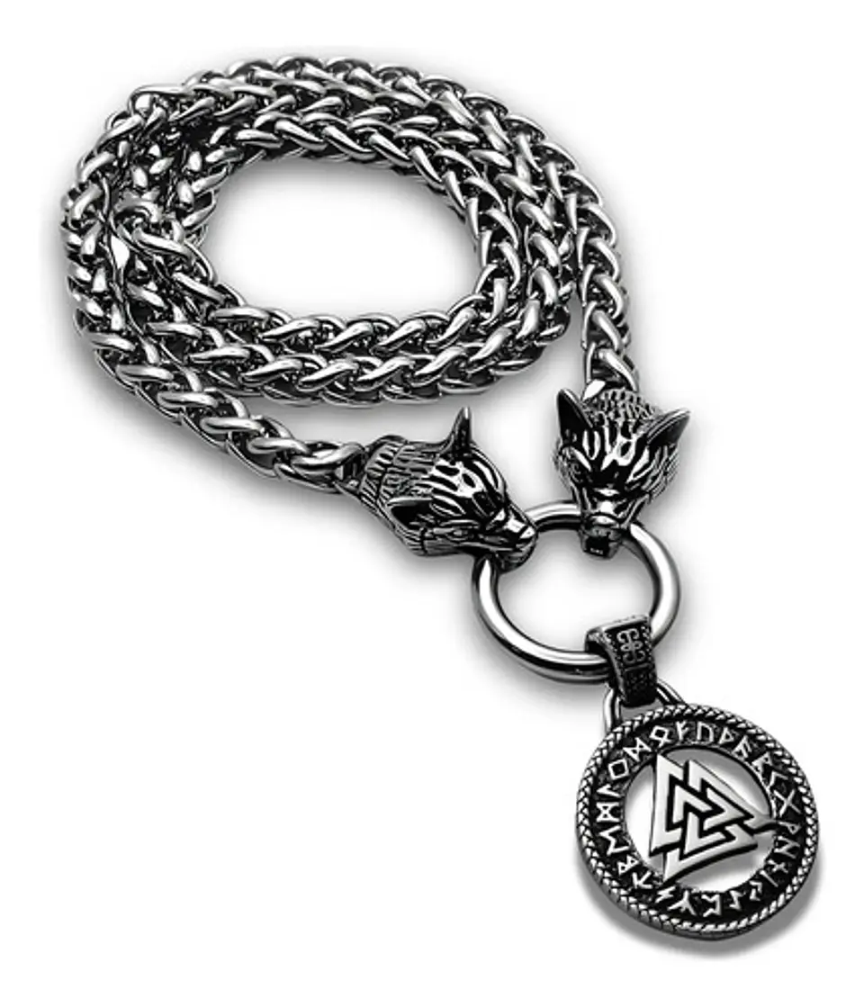 Collar Acero Inoxidable Color Plata Vikingo Lobo Odin Hombre 15