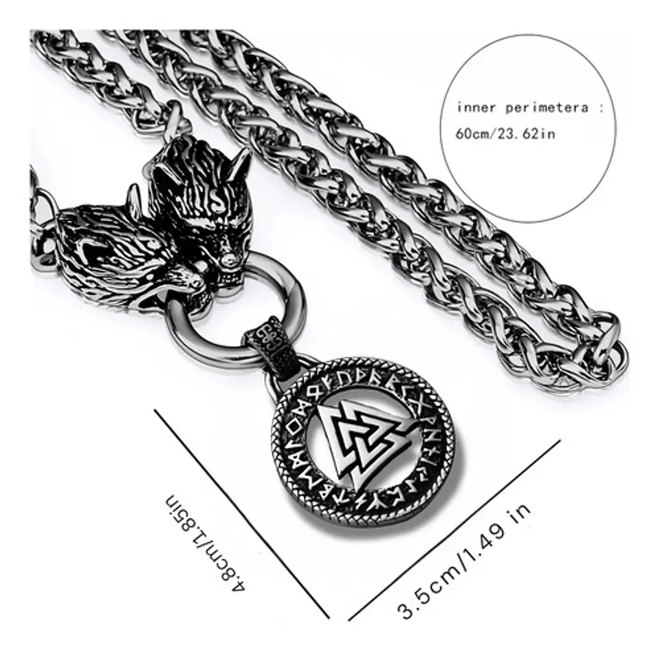 Collar Acero Inoxidable Color Plata Vikingo Lobo Odin Hombre 17