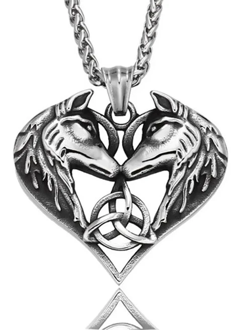 Collar Vikingo en acero para Hombre y mujer dije corazón triqueta Lobos