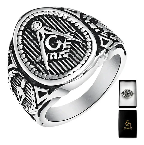 Anillo Masón en Acero para hombre sello escuadra Masonería