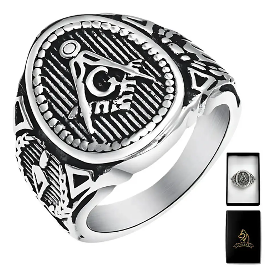 Anillo Masón en Acero para hombre sello escuadra Masonería 1