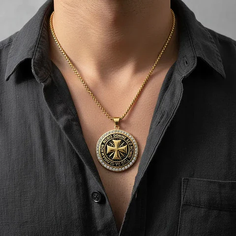 Collar En Acero Dorado Para Hombres Dije Templario Caballero